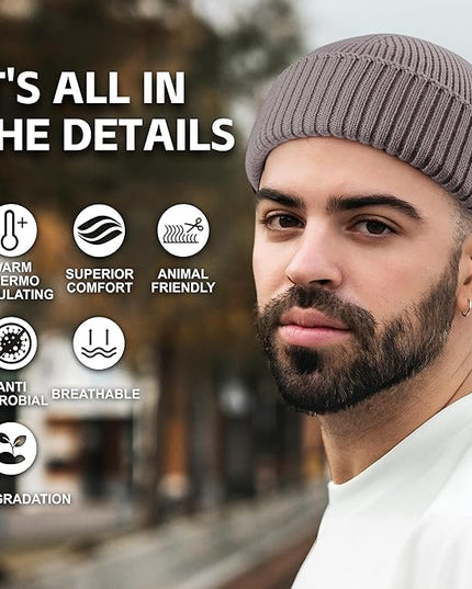 100% Merino Wool Fisherman Beanie for Men Women, Short Knit Cuff Trawler Winter Hat, Warm Soft Outdoor Gift