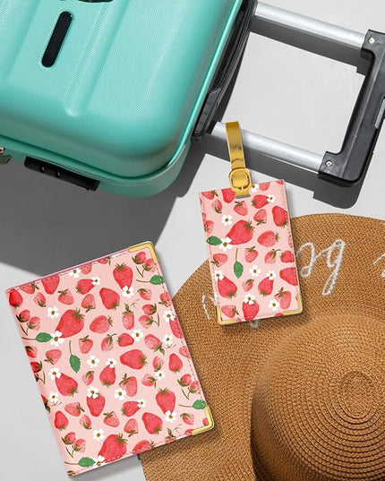 Slohif Passport Holder Lugguage Tag Set Suitcase Cover Wallet Case for Travel Women - Leather Passport Book Personalized Organizer Card Protector Sleeve Essentials Slim Carrier Strawberry