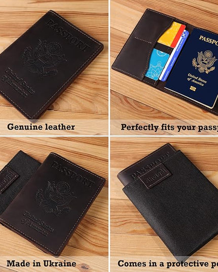 Shvigel Genuine Leather Passport Cover – Passport Holder for Men & Women – Crazy Horse Leather Travel Wallet Brown