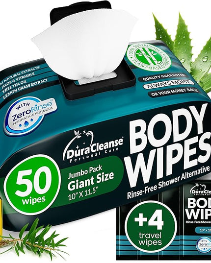 XL Body Wipes for Men - 50 No Rinse Shower Sheets + 4 Travel Bath Sachets - 10 x 11.5" After Gym Mens Deodorant Wipes - Adult Disposable Washcloths, Face Towels for Camping Essentials & Survival Gear