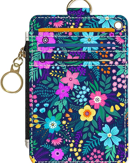 Slim Wallet Credit Card Holder, Purple Floral Print X, RFID Wallet Women Cute Small Front Pocket Wallet With Zipper, PU Leather Thin travel RFID Blocking Card Case ID Window,Ladies Gifts