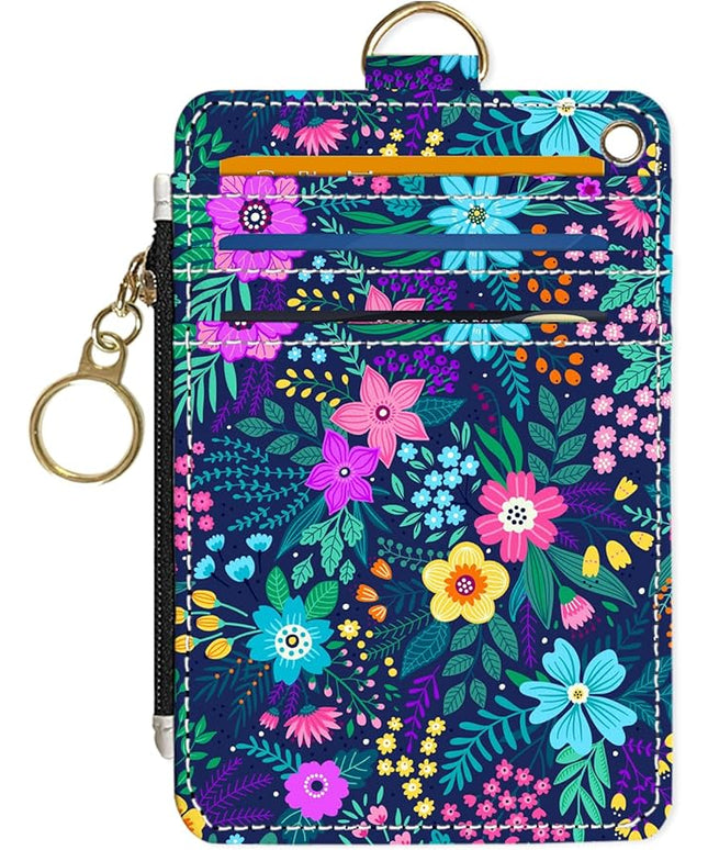 Slim Wallet Credit Card Holder, Purple Floral Print X, RFID Wallet Women Cute Small Front Pocket Wallet With Zipper, PU Leather Thin travel RFID Blocking Card Case ID Window,Ladies Gifts
