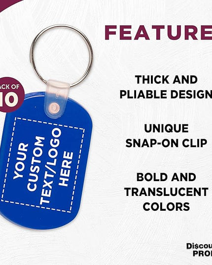 DISCOUNT PROMOS Tag Soft Plastic Keychains - 10 pack - Customizable Text, Logo - Small Key Tag Chain For Staying Organized - Rubber Key Ring Keychain – Blue