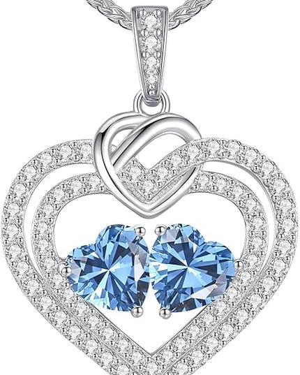 LOUISA SECRET Sparkling Double Heart Birthstone Necklaces for Women, 925 Sterling Silver Fine Jewelry, Pendant Heart Necklaces Birthday Anniversary Christmas Gift for Women Wife Mom Girlfriend Lady
