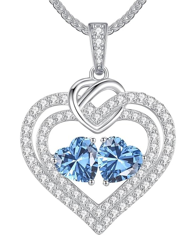 LOUISA SECRET Sparkling Double Heart Birthstone Necklaces for Women, 925 Sterling Silver Fine Jewelry, Pendant Heart Necklaces Birthday Anniversary Christmas Gift for Women Wife Mom Girlfriend Lady