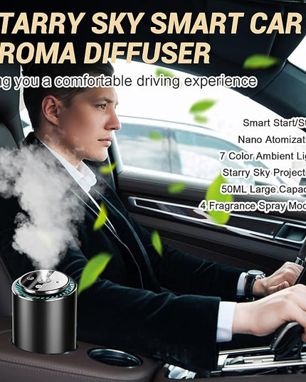 Smart Car Air Freshener, Car Air Freshener Diffuser with Starry Sky Projection and 50ml Perfume, Rechargeable Cars Aroma Diffuser, 4 Mode Adjustable, Auto On/Off Intelligent Cars Diffuser