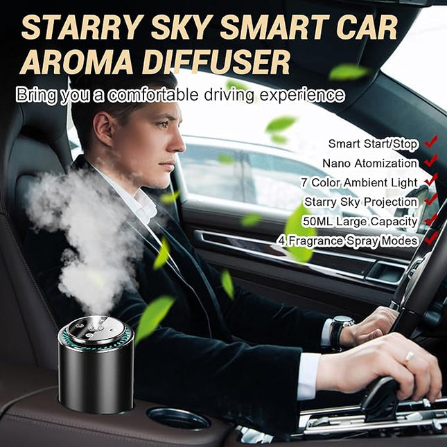 Smart Car Air Freshener, Car Air Freshener Diffuser with Starry Sky Projection and 50ml Perfume, Rechargeable Cars Aroma Diffuser, 4 Mode Adjustable, Auto On/Off Intelligent Cars Diffuser