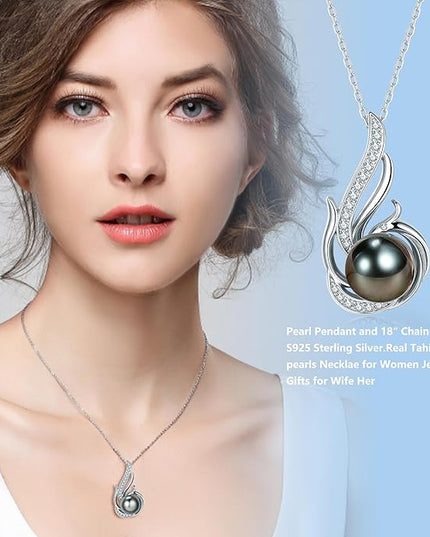 Tahitian Black Pearl Necklaces for Women 10-11mm - Pearl Necklace Phoenix Pendant | with 925 Sterling Silver 18" Chain - Christmas Mothers Day Valentine's Day Gifts For Women Wife Mom Grandma Girlfriend Daughter Her Best Friend Birthday Anniversary Fin...
