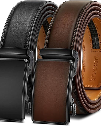KEMISANT Men Belt 2 Pack, Leather Ratchet Belt Easy Click Slide For Men 1 3/8",Cut for Fit