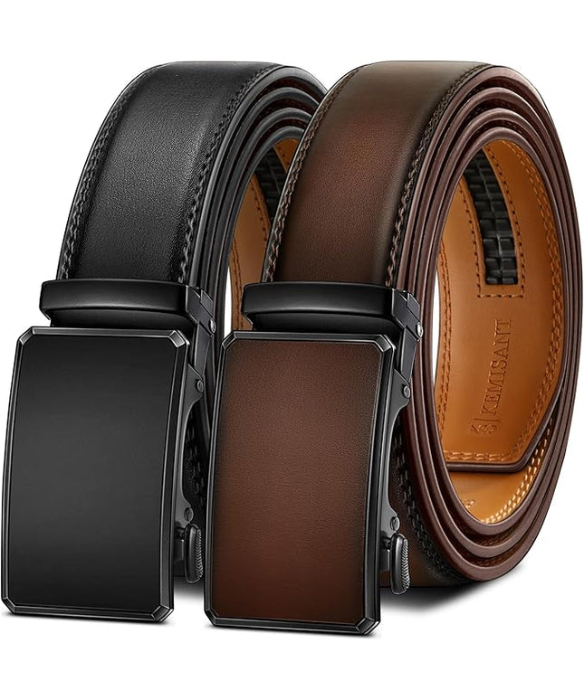 KEMISANT Men Belt 2 Pack, Leather Ratchet Belt Easy Click Slide For Men 1 3/8",Cut for Fit