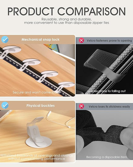 Nearockle Cable Management Under Desk, Adjustable Self-Adhesive Silicone Cable Ties Cord Organizer, Reusable Heavy-Duty Cord Holder Under Table for Office, Home, School (20Pcs-White)