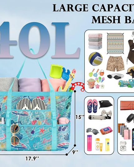 Mesh Beach Bag, Large Beach Tote with Zipper Pocket, Toys Pool Bag for Family Travel Vacation Cruise Essentials