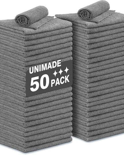 Microfiber Cleaning Cloth, 50 Pack Microfiber Towels for Cars Reusable Shop Rags Bulk Lint Free Cleaning Towels for Car Kitchen Automotive Bar Mechanic Restaurant Garage, 11.5"x 11.5", Grey