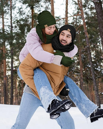 Winter Beanie Hat Scarf Gloves, Warm Fleece Knit Hats Touch Screen Gloves Neck Scarf Set Winter Gifts for Unisex Adult