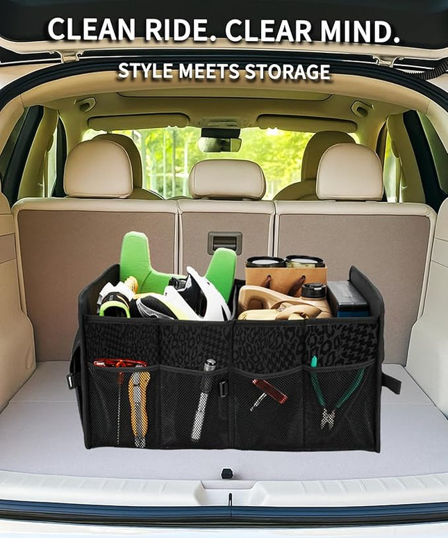 Sturdy Car Trunk Organizer – Large Capacity Trunk Organizer for SUVs & Sedans, Hard-Shell One-Piece Design with Cute Print, Collapsible and Durable Car Organizers (Black Leopard 70L)