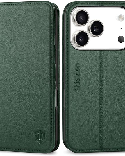 SHIELDON Genuine Leather Wallet Case for iPhone 17 Pro 6.3" 2025 | Flip | Kickstand | RFID Blocking Credit Card Holder | Magnetic | Shockproof TPU Inner Phone Shell | Evergreen