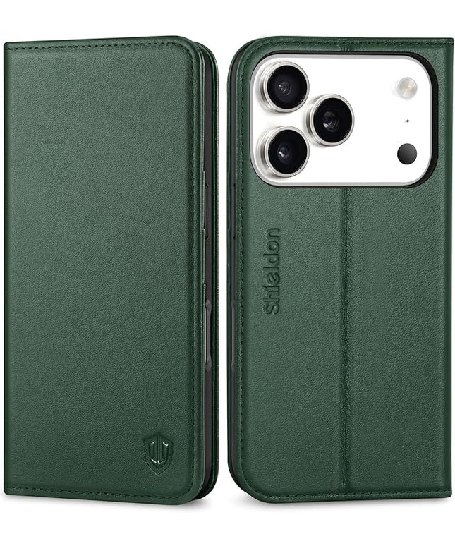 SHIELDON Genuine Leather Wallet Case for iPhone 17 Pro 6.3" 2025 | Flip | Kickstand | RFID Blocking Credit Card Holder | Magnetic | Shockproof TPU Inner Phone Shell | Evergreen