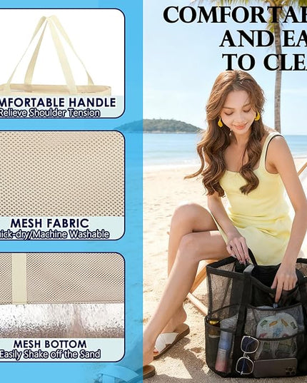 Mesh Beach Bag, Large Beach Tote with Zipper Pocket, Toys Pool Bag for Family Travel Vacation Cruise Essentials