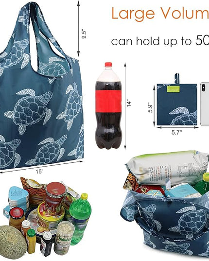 BeeGreen Sea Turtle Reusable Grocery Bags Large Tote Bag With Handles, Bulk Gift Foldable Shopping Bags for Women 6 Pack, Cute Cloth Bag, Heavy Duty, Washable For Beach, Holiday, Travel And Groceries