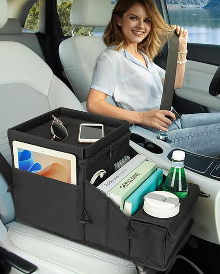 Car Seat Organizer, Backseat Car Organizer with Cup Holder Tray and Storages for Kids and Adults, Portable Travel Cooler for Car for Front or Back Seat Passenger Organizer Ccompartment (Black)