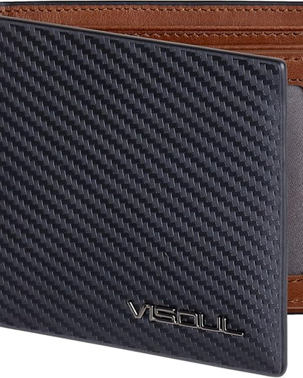 VISOUL Leather Mens Bifold RFID Blocking Wallet with 2 ID Windows, Leather Wallet for Men (Carbon Fiber, Black+Brown)