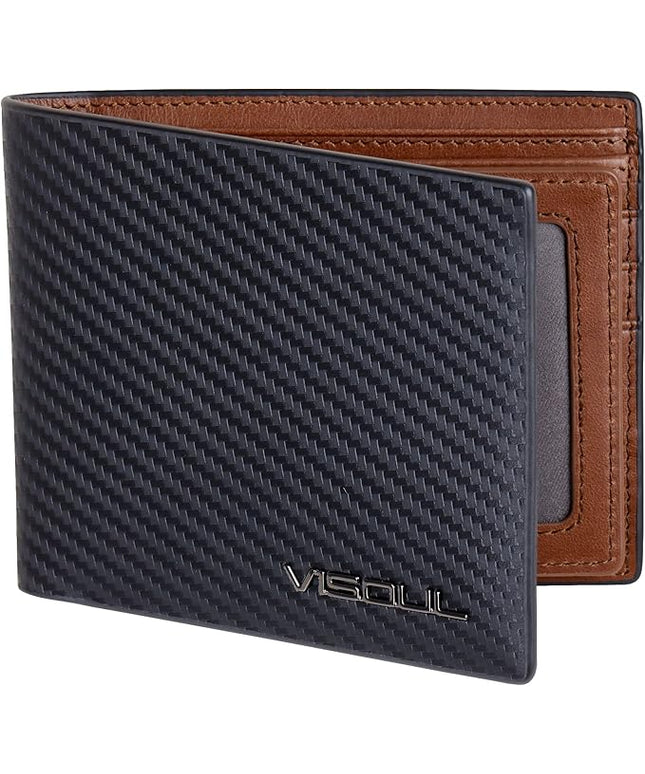 VISOUL Leather Mens Bifold RFID Blocking Wallet with 2 ID Windows, Leather Wallet for Men (Carbon Fiber, Black+Brown)