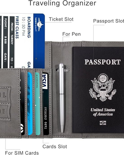 WALNEW Passport Holder for Travel, RFID Passport Cover Wallet for Women Men, PU Leather Passport Book Card Holder Case with Pen, Travelling Essentials for Flying