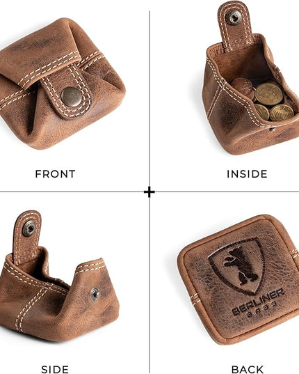 Berliner Bags Vintage Genuine Leather Coin Pouch Lena, Change Purse for Women and Men, Coin purse with snap - Brown