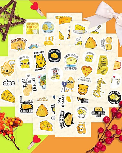BulbaCraft Funny Cheese Stickers for Water Bottle and Laptop - Cheese Party Supplies & Decorations, Waterproof Vinyl Decals, Food Stickers, Gifts for Women & Men