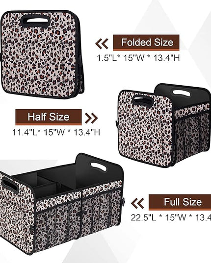 Femuar Car Trunk Organizer, Large Capacity Collapsible Trunk Storage with 11 Pockets, Waterproof, Non-Slip, Suitable for Car, SUV, Truck, Van, Jeep, Sedan, Leopard Print