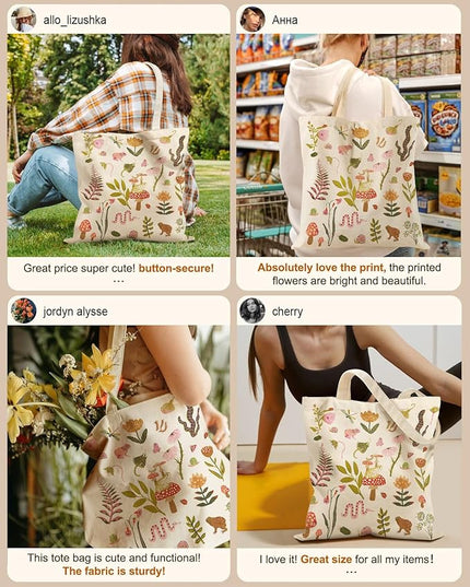 Canvas Tote Bag with Pockets - Aesthetic Reusable Totes for Women Ladies Cute Printed Cloths Canvas Shoulder Bag