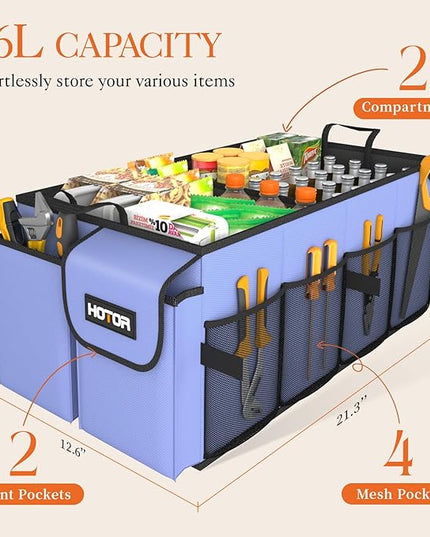 HOTOR Large-Capacity Trunk Organizer - Foldable for SUVs & Sedans, Sturdy Organization for Car Accessories, Tools, Sundries, Blue, 2 Compartments, US11032 | Foldable, Sturdy Organization, for Car Accessories, Tools, Sundries, US11032