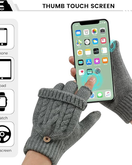 Winter Fingerless Gloves for Women Men Warm Knitted Convertible Mittens Flap Cover