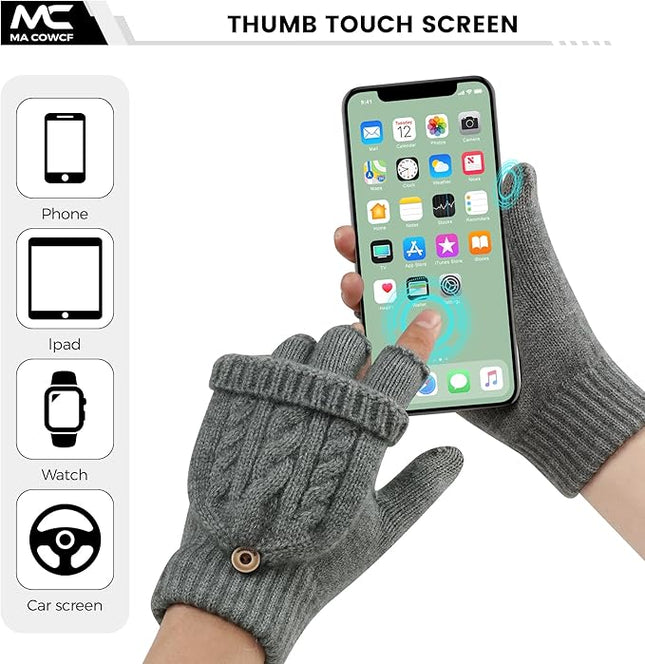 Winter Fingerless Gloves for Women Men Warm Knitted Convertible Mittens Flap Cover