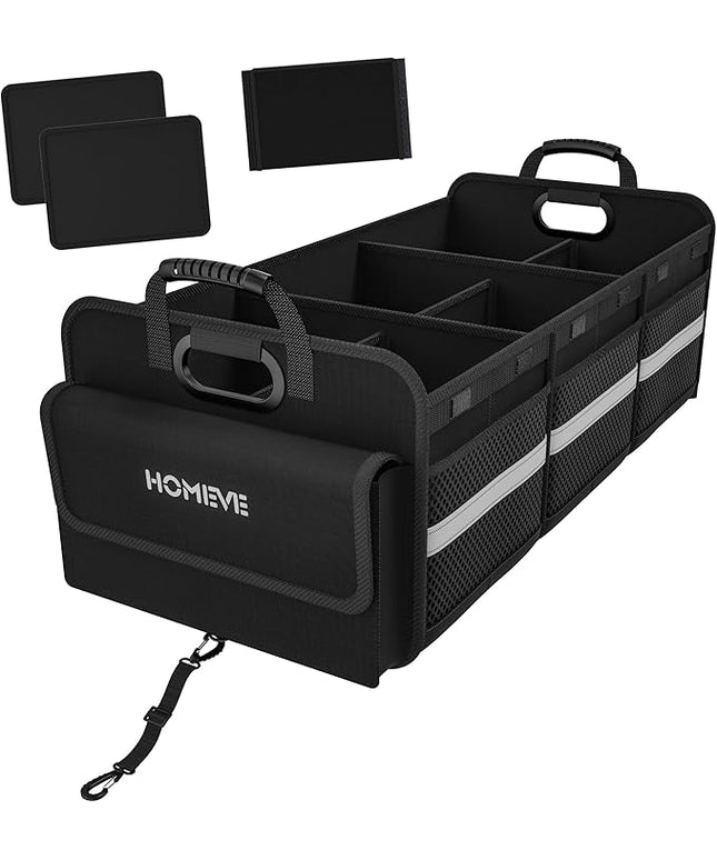 Homeve Trunk Organizer for Car, Collapsible Storage Box, Car Storage Organizer, 6 Compartment, Multi Pockets, Non Slip Strips, 2 Adjustable Securing Straps, Black