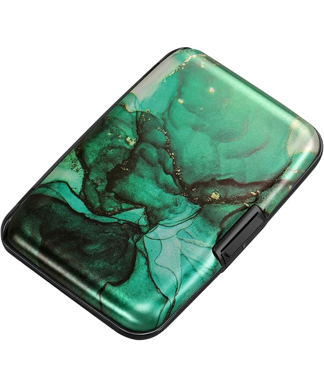 ELFISH Mini RFID Aluminum Wallet Credit Cards Holder Business Card Case Metal ID Case for Men Women (Greenblack Marble)