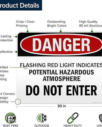 Danger Flashing Red Light Indicates Potential Hazardous Atmosphere Do Not Enter Sign, 24x30 Inches, 3M EGP Reflective .080 Aluminum, Fade Resistant, Made in USA by My Sign Center