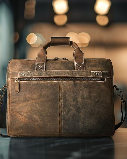 LEATHER VILLAGE 18" Leather Laptop Messenger Briefcase Bag for Men-Leather Satchel for Travel and Office Shoulder Bag-Rustic Brown