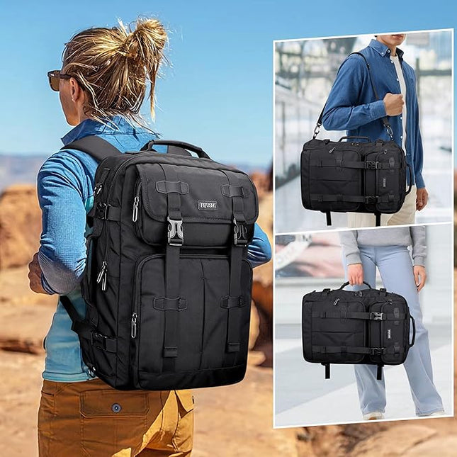 PIJUSHI Carry on Travel Backpack for Women Men Convertible Duffle Bag Flight Approved Luggage Backpack Fit 16 Inch Laptop(PE053 Black)