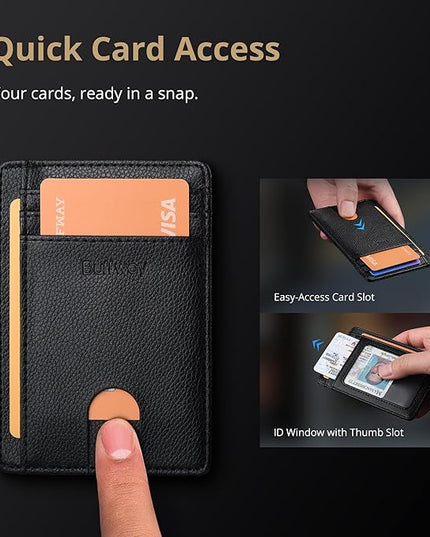 Buffway Slim Minimalist Front Pocket RFID Blocking Leather Wallets for Men and Women - Lichee Black