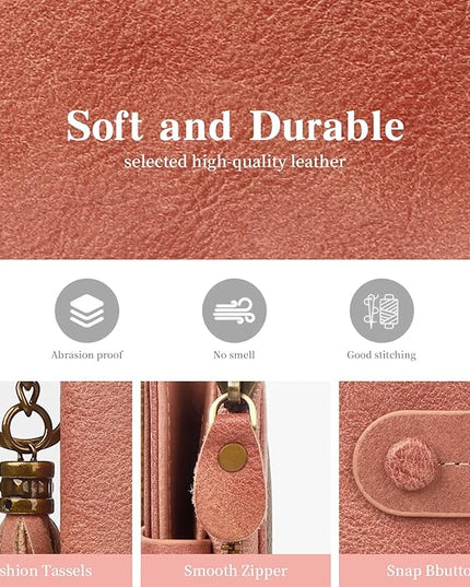 Blucoay Leather Wallet Women,RFID Blocking Small Wallets for Women Bifold Compact Card Holder With Zipper Coin Pocket ID Window Pink