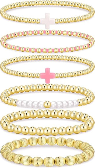 Gold Beaded Bracelets for Women, 14K Real Gold Plated Jewelry for Women Dainty Pearl Bead Bracelets Stack, Non Tarnish Trendy Stackable Ball Cross Stretch Bracelet Set Fashion Accessories Gifts