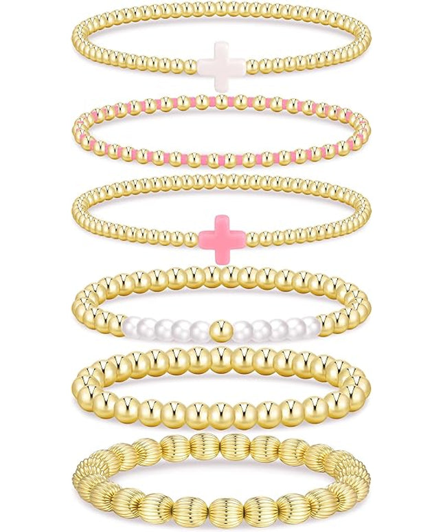 Gold Beaded Bracelets for Women, 14K Real Gold Plated Jewelry for Women Dainty Pearl Bead Bracelets Stack, Non Tarnish Trendy Stackable Ball Cross Stretch Bracelet Set Fashion Accessories Gifts