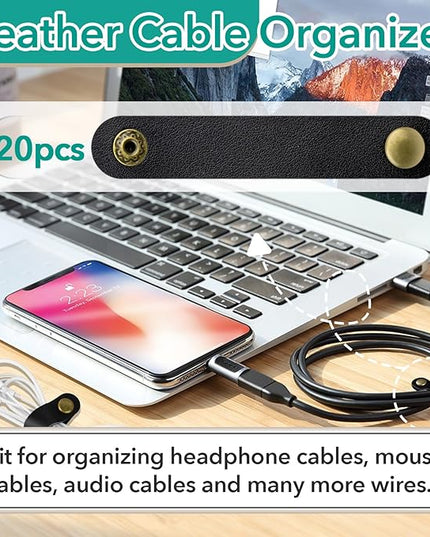20 Pcs Leather Cord Organizer - Black Leather Cord Ties for Charging Cords, Reusable Charging Cable Organizers