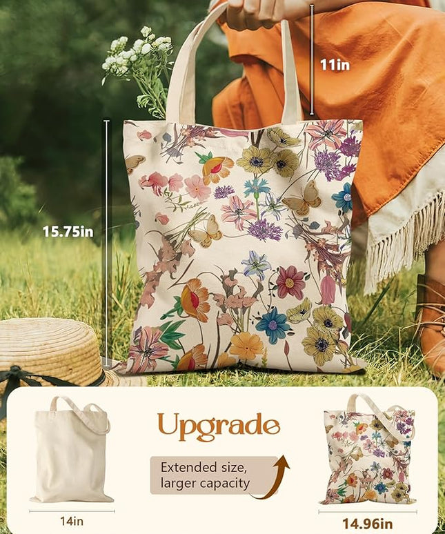 Aesthetic Tote Bag for Girls - with Magnetic Buckle and Zipper Inner Pocket for Women Lady Canvas Cotton Tote Bag