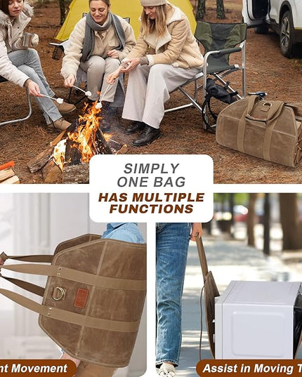 INNO STAGE Canvas Wood Carriers Fire Wood Log Tote Bag, Waxed Canvas Hay Hauling for Fireplace, Round Woodpile Carrying for Tubular Stand by Hearth Stove or Outdoor Camping