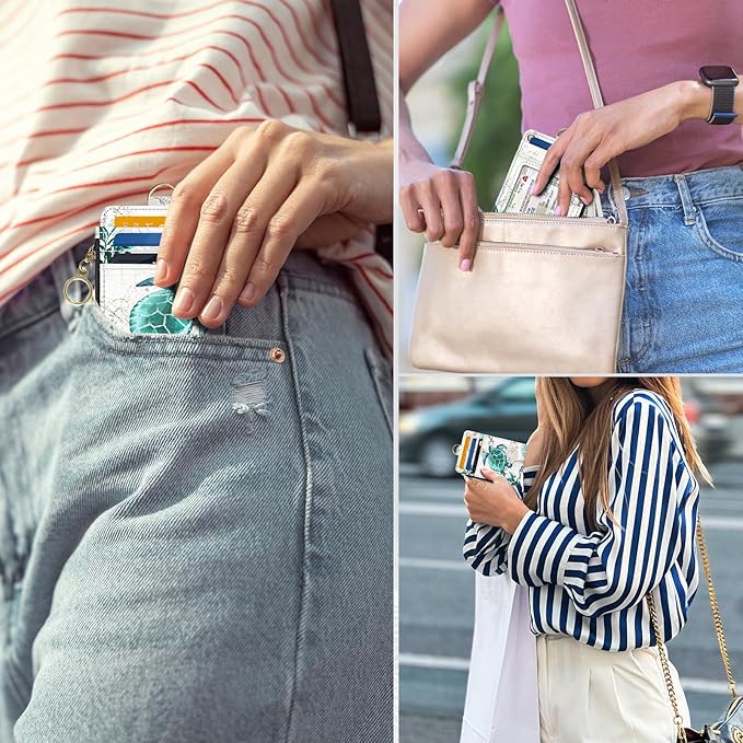 Slim Wallet Credit Card Holder, Map TurtleX, RFID Wallet Women Cute Small Front Pocket Wallet With Zipper, PU Leather Thin travel RFID Blocking Card Case ID Window,Ladies Gifts