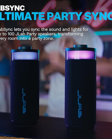 JLab Go Party Portable Bluetooth Speaker, Midnight Black, 10 Watts of Power, 16+ Hours of Playtime, IP56 Waterproofing, Customizable RGB LED Lighting, Lab Sync Up to 100 Speakers, Custom Sound in-App