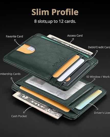 Buffway Slim Minimalist Front Pocket RFID Blocking Leather Wallets for Men and Women - Alaska Green