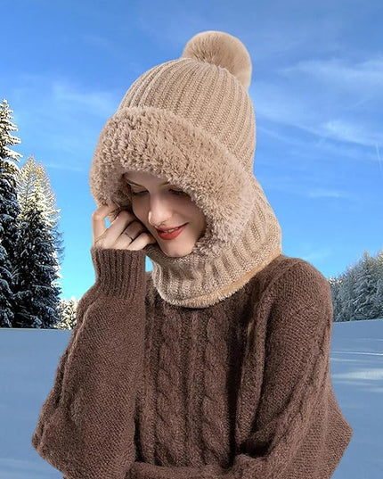 HUAMULAN Women Winter Beanie Hats One Piece Fleece Lined Knit Balaclavas Mask Set Skull Neck Circle Scarf Ski Snow Hat Pompom